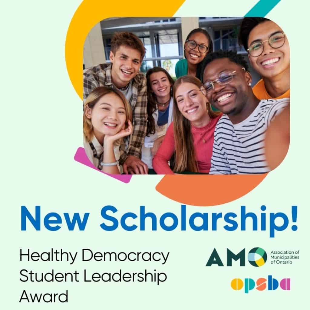 Image of diverse high school students smiling at the camera with text reading "New Scholarship: Healthy Democracy Student Leadership Award"